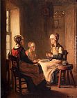 Claude Joseph Bail Canvas Paintings - A Interior With Marken Girls Knitting